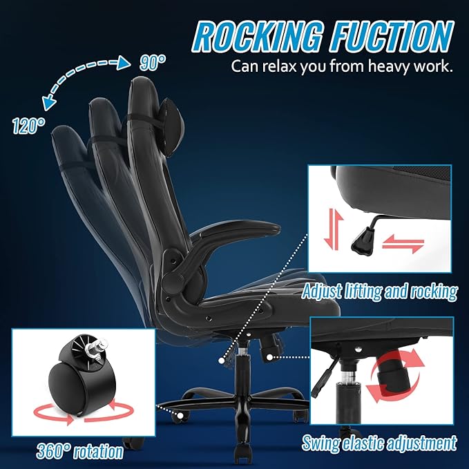 BestOffice PC Gaming Chair Ergonomic Office Chair Desk Chair with Lumbar Support Flip Up Arms Headrest PU Leather Executive High Back Computer Chair for Adults Women Men (Black)