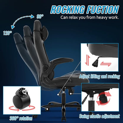 BestOffice PC Gaming Chair Ergonomic Office Chair Desk Chair with Lumbar Support Flip Up Arms Headrest PU Leather Executive High Back Computer Chair for Adults Women Men (Black)
