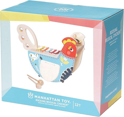 Manhattan Toy Musical Chicken Wooden Instrument for Toddlers with Xylophone, Drumsticks, Cymbal and Maraca,Blue