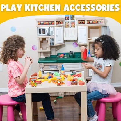 120 PCS Pretend Play Food Toys for Kids Play Kitchen - BPA-Free Mini Kitchen Accessories and Plastic Fake Food Toys with Veggies, Fruits, Pizza - Imaginative Play Set for Toddlers, Boys, Girls