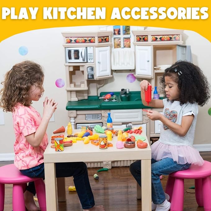 120 PCS Pretend Play Food Toys for Kids Play Kitchen - BPA-Free Mini Kitchen Accessories and Plastic Fake Food Toys with Veggies, Fruits, Pizza - Imaginative Play Set for Toddlers, Boys, Girls