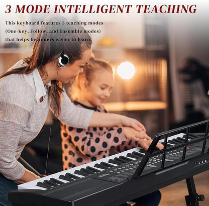 Ktaxon 61 Key Keyboard Piano Electric Keyboard w/Lighted Keys, Electric Piano Set with Headphones, Microphone, Music Rest, Power Adapter, Stand, Piano Bench and Manual (Full-Black)