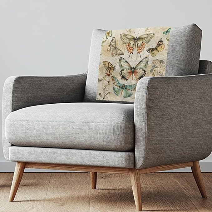 Retro Butterfly Recliner Headrest Cover Fabric Sofa Headrest Slipcovers Pet Scratch Resistant Couch Headrest Covers Furniture Protector for Home Couch Loveseats Decoration Set of 2