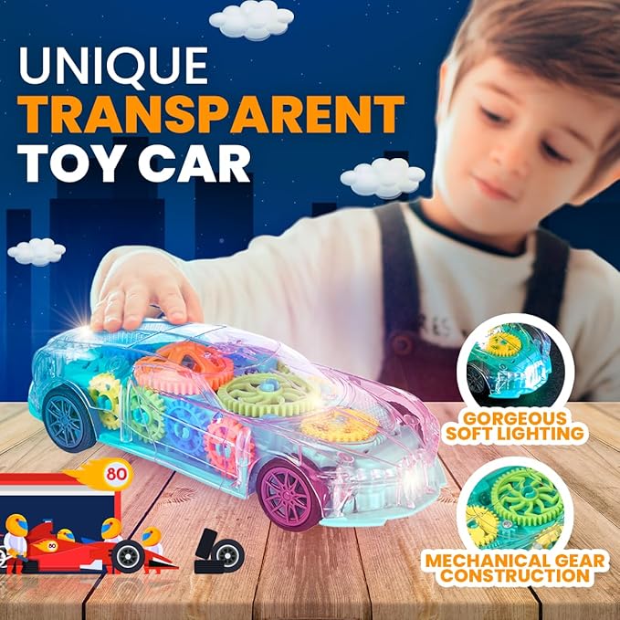 Playbees Light-Up Transparent Car with Remote Control, Toys for Autistic Kids Ages 3-5 Sensory Activity for Kids with Autism Special Needs Toys, Bump and Go Toys for Toddlers Music and LED Effects