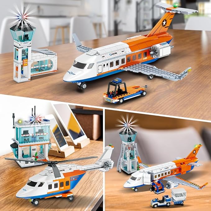 HOGOKIDS City Passenger Airplane Building Set - 711 PCS STEM 3 in 1 Airport Passenger Plane Building Block Toy with Baggage Truck Radar Tower Shuttle Bus for Boys Girls Kids Adults 6 7 8 9+ Years Old