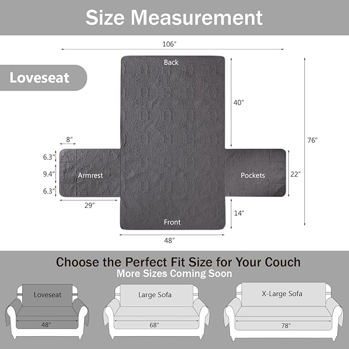 Water Repellent Gray Loveseat Cover for 2 Cushion Couch, Machine Washable Love Seat Quilted Couch Covers, Pet Friendly Slipcovers (Loveseat 48", Gray)