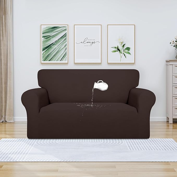 PureFit 100% Dual Waterproof Couch Cover Slipcovers for Couches and Sofas - Stretch Non Slip Fleece Sofa Covers Washable, Leakproof Furniture Protector for Kids, Pets, Dog (Loveseat, Chocolate)