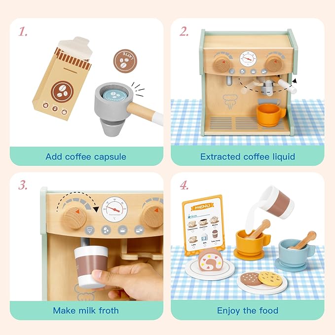 2-in-1 Kids Wooden Toy Coffee Maker Playset, Toddler Pretend Play Kitchen Food Small Coffee Shop with 28 Pcs Play Kitchen Accessories for Girls & Boys