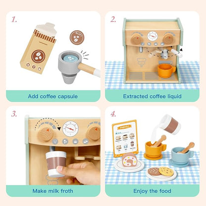 2-in-1 Kids Wooden Toy Coffee Maker Playset, Toddler Pretend Play Kitchen Food Small Coffee Shop with 28 Pcs Play Kitchen Accessories for Girls & Boys