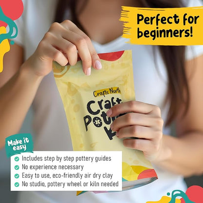 Crafts North Air-Dry Clay Pottery Kit – Complete DIY Clay Set with Tools, Paints, Apron & Step-by-Step Guide – Creative Craft Activity for Beginners, Date Nights & Group Events