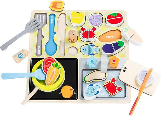 Wooden Toddler Kitchen Toy Set simulates Cooking, Chopping, stir-Frying, Food Shape Matching Games Toddler Kitchen Set for Boys and Girls Ages 3, 4, 5, 6，Gift for Kids