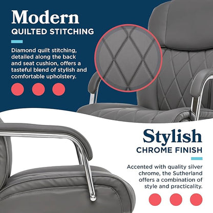 La-Z-Boy Sutherland Quilted Leather Executive Office Chair with Padded Arms, High Back Ergonomic Desk Chair with Lumbar Support, Grey Bonded Leather
