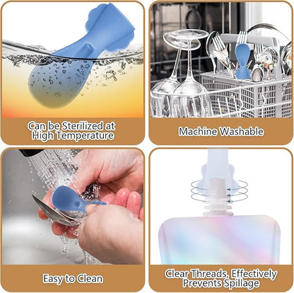 Silicone Spoon Attachment for Baby Food Pouch with On-the-Go Cases - Includes 2 Squeeze Pouch Topper Attachments (White-Blue)