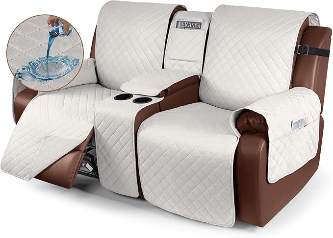 KinCam 100% Waterproof Recliner Loveseat Cover with Console, Non-Slip Reclining Couch Covers for 2 Seat, Recliner Sofa Cover Furniture Protector with Elastic Straps for Kids, Pets, Beige