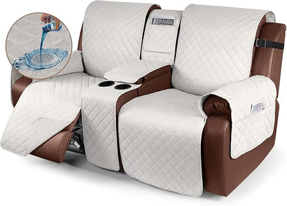 KinCam 100% Waterproof Recliner Loveseat Cover with Console, Non-Slip Reclining Couch Covers for 2 Seat, Recliner Sofa Cover Furniture Protector with Elastic Straps for Kids, Pets, Beige