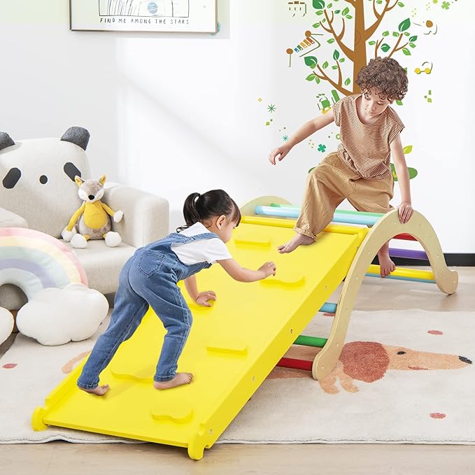 HONEY JOY Wooden Ladder Arch for Climbing, 3 in 1 Kids Climber Ladder & Rocker Board w/Cushion Pad, Toddler Climbing Toy Set for Playground, Gym & Daycare, Gift for Boys Girls(Colorful)