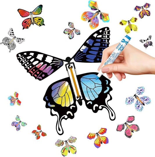 SANYIYIBA 12 Pcs Flying Butterfly Toy Magic White Painting Butterflies Wind Up Butterflies Toys Painted Craft Card Set Gift for Kids on Birthday Wedding Party