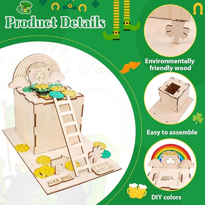 RGJ St Patrick's Day Leprechaun Trap Kit for Kids, Wooden DIY Leprechaun Trap Craft Kit to Catch A Leprechaun, St Patrick's Day Decorations for Kids Party Supplies (Unfinished Painted)