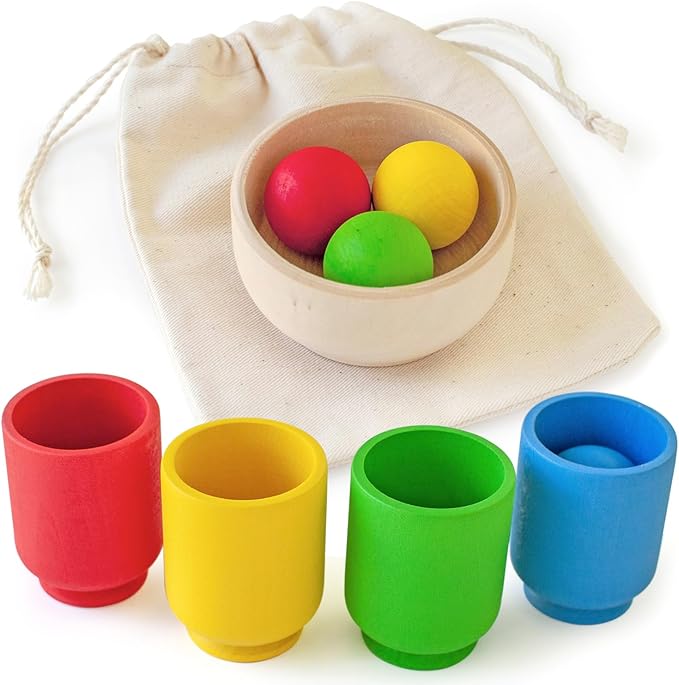 Ulanik Balls in Cups Starter Kit Toddler Montessori Toys for 1+ Year Old Kids Wooden Matching Game for Learning Color Sorting and Counting — 4 Balls, 1.18 in