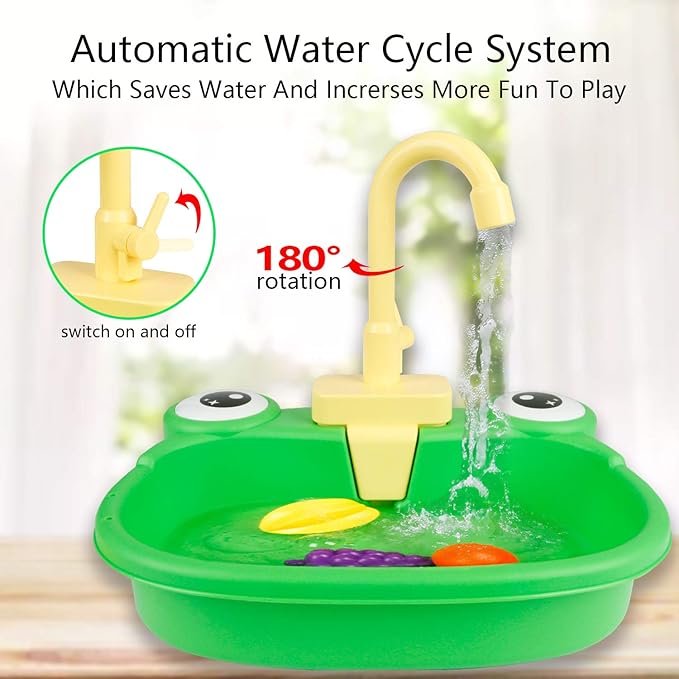 Ruibytree Play Kitchen Sink Toy, Water Toys for Kids with Electronic Dishwasher, Pretend Play Utensils Accessories and Play Cutting Food for Boys and Girls (Cute Frog)