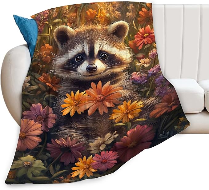 Raccoon Throw Blanket Cute Cartoon Raccoon Gifts for Kids Girls Boys Adults Women Men Soft Cozy Warm Plush Fluffy Fuzzy Fleece Blanket Birthday Festival Home Decor 40''X50''