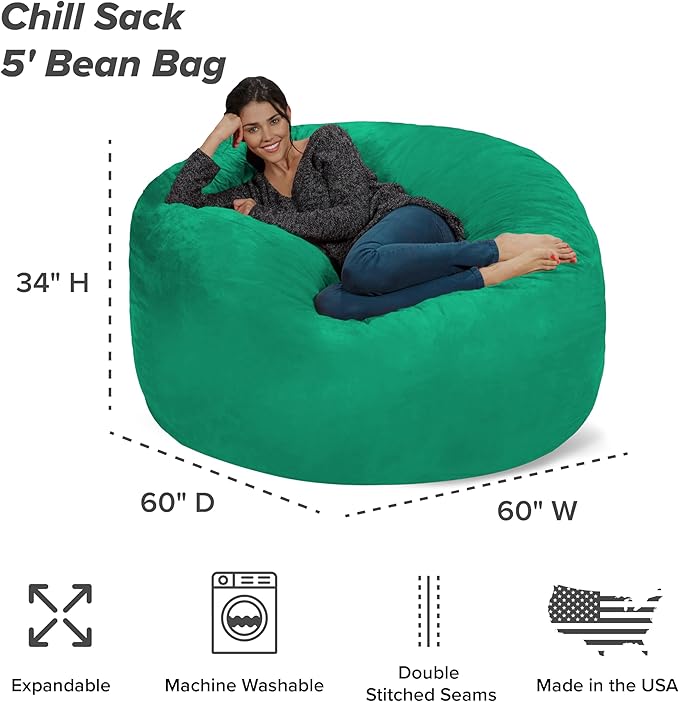 Chill Sack Bean Bag Chair - 5' Giant Memory Foam Lounge Chair with Soft Microfiber Cover – Cozy Furniture for Living Room, Dorm, & Kids' Rooms – Comfortable 5 Ft, Microsuede Lounge Sofa, Tide Pool
