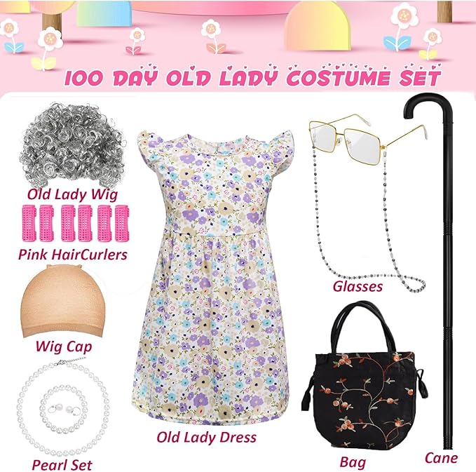 11Pcs 100 Days of School Old Lady Costume for Kids, elderly outfit for Girls, Wig Cane Cosplay Accessories Blue, S