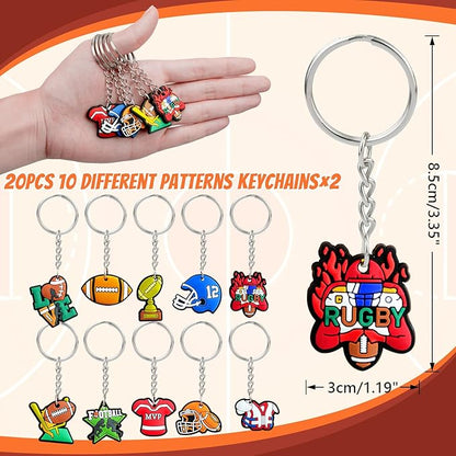 110 Pcs Football Party Favors Drawstring Backpack with Keychains Silicone Bracelets Stickers for Sports Birthday Supplies Goodie Bags Football Themed Presents