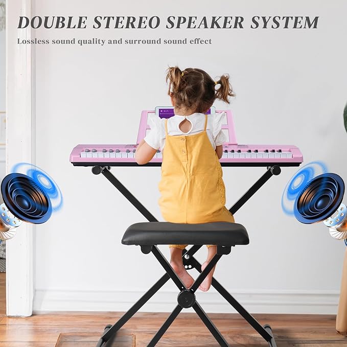 Ktaxon 61 Key Keyboard Piano Electric Keyboard, Electric Piano Set with Headphones, Microphone, Music Rest, Power Adapter, Piano Stand, Piano Bench and Manual (Compact X Stand-Pink w/Lighted Keys)