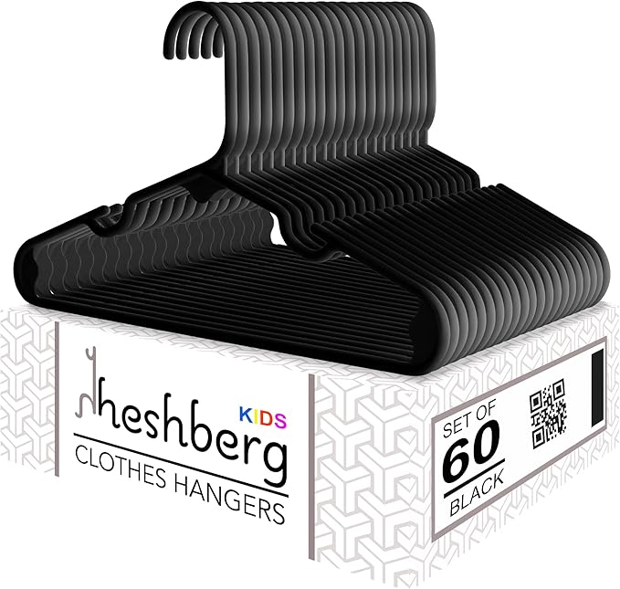 Kids and Babies Plastic Hangers - Space-Saving, Durable, and Cute Closet Organization Solution, 60 Pack (Black)