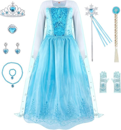 Elsa Costume for Girls 3-10 - Elsa Dress with Accessories - Princess Dress Up Clothes for Various Holiday Parties