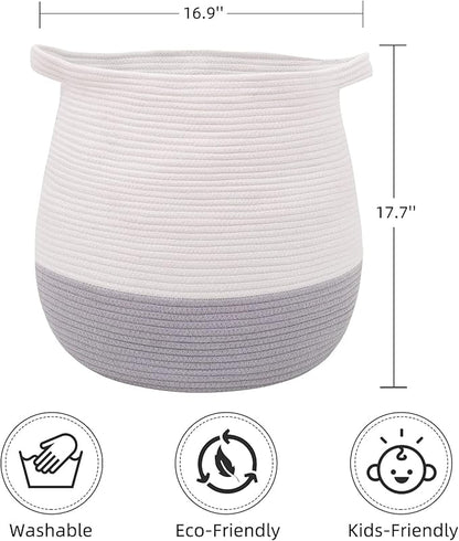 Large Cotton Rope Basket, Woven Storage Basket for Toy, Laundry and Blanket Organizer Basket, Round Hamper Basket with Handles for Kid's Room 17.7"x16.9"