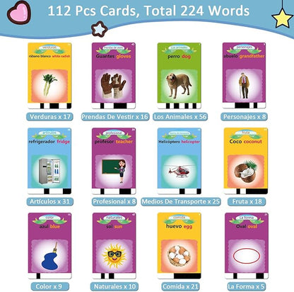 Spanish Flash Cards for Kids, Bilingual Buddy Talking Flash Cards for Toddlers 1 2 3 4 5 Years Old, Audible Learning Spanish for Kids, Speech Educational Learning Birthday Gift with 224 Sight Word