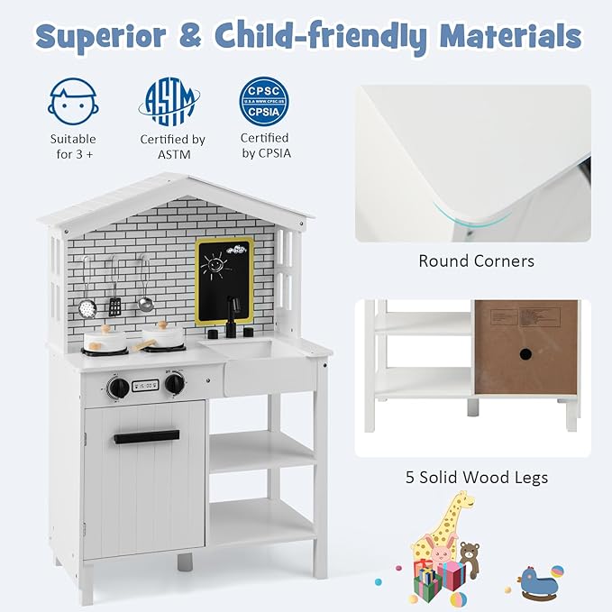 HONEY JOY Kids Kitchen Playset, Farmhouse Pretend Play Toddler Kitchen Set for Kids w/Chalkboard, Marble Backdrop, Window, Storage Shelf, Wooden Play Kitchen for Toddlers, Gift for Boys Girls, White