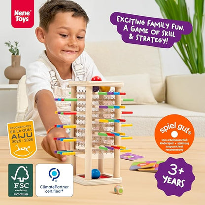 Nene Toys BALLFALL - Montessori Wooden Board Game for Kids Ages 3-9 – Educational Toy for Fine Motor Skills & Logical Thinking – Classic Family Tower Game with Colorful Sticks, Dice & Cards