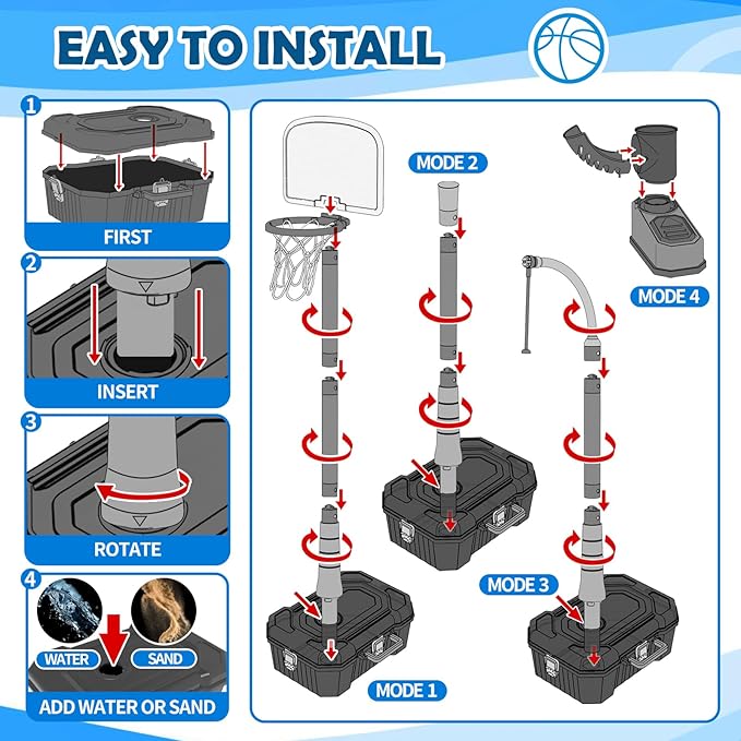 4 in 1 Kids Basketball Hoop and Tball Set for Toddlers 3+, Adjustable Basketball Stand, Hanging Tee Baseball Toy Set, Portable Indoor Outdoor Sports Toys, Birthday for Boys Ages 3-8