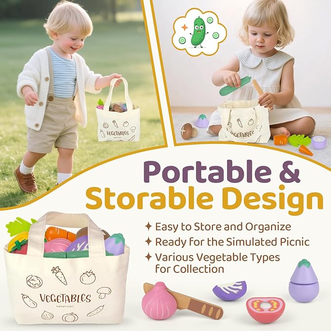 Play Food Sets for Kids Kitchen Wooden Food Toys for 3 Year Old Girl Boy Toddler Cutting Pretend Play Set Learning Toys Birthday Gift 1 2 3 Year Old Vegetables