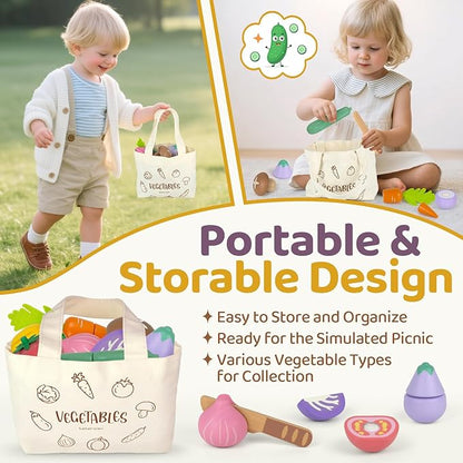Play Food Sets for Kids Kitchen Wooden Food Toys for 3 Year Old Girl Boy Toddler Cutting Pretend Play Set Learning Toys Birthday Gift 1 2 3 Year Old Vegetables