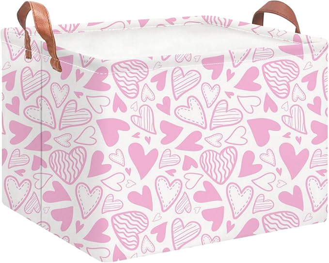 NTAOHAMPER Rectangular Pink Basket Empty, Fabric Storage Basket with Handles, Books Box,Lovely Storage Bin,Room Decor,Gift Basket for Girls(Pink Heart)