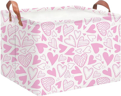 NTAOHAMPER Rectangular Pink Basket Empty, Fabric Storage Basket with Handles, Books Box,Lovely Storage Bin,Room Decor,Gift Basket for Girls(Pink Heart)