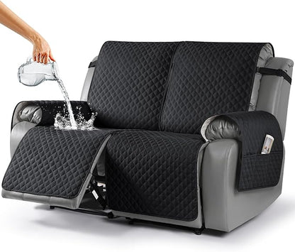 TAOCOCO Waterproof Recliner Loveseat Cover Non-Slip Sofa Slipcover, Pet Couch Cover for Loveseat Recliner with Straps, Washable Reclining Loveseat Cover Furniture Protector (2 Seater, Black)