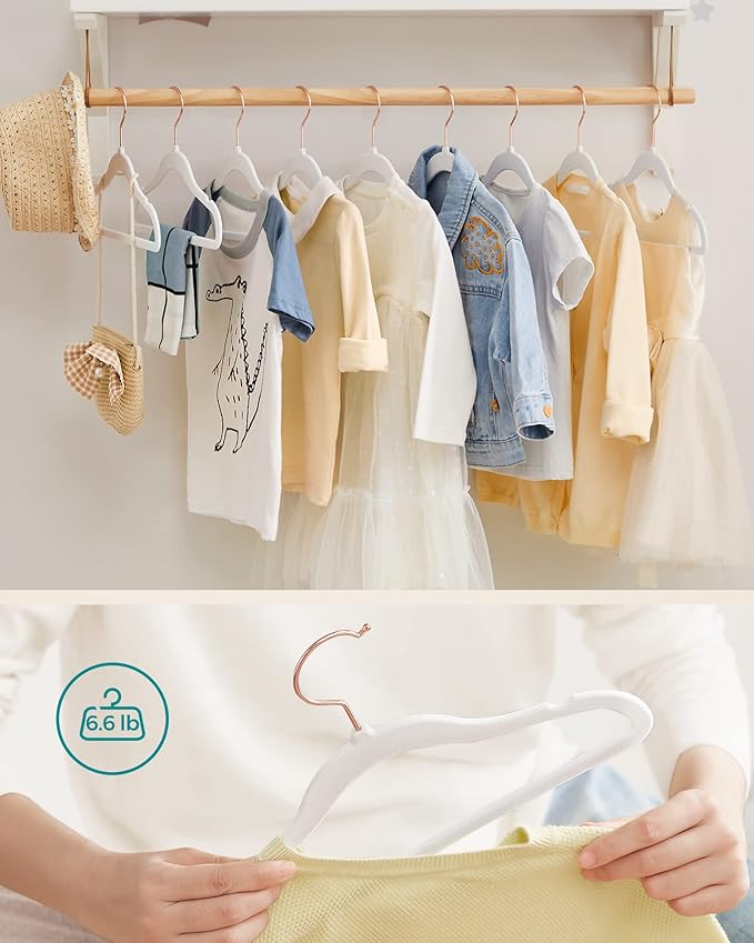 SONGMICS Baby Hangers 50 Pack, Kids Hangers for Closet, 11.8 x 8.1 Inches, Rose Gold 360° Swivel Hooks, Space-Saving Clothes Hangers, Velvet Hangers for Nursery, Non-Slip, Cloud White UCRF027W01