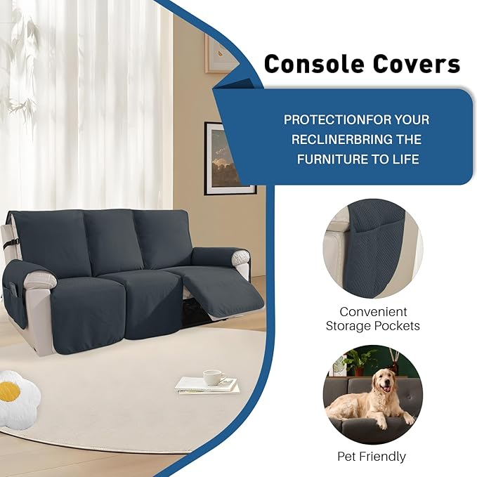 Easehomey Waterproof Recliner Sofa Cover Non-Slip couch cover recliner sofa 3 section with Elastic Straps Two Pockets, Washable Couch Covers Furniture Protector for Kids,Dogs (Dark Grey,Recliner Sofa)