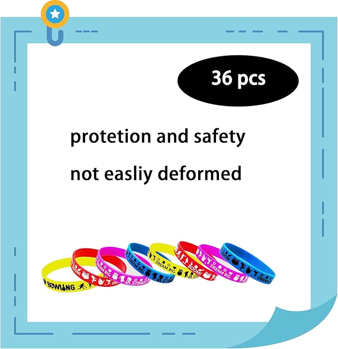 36 PCS Bowling Motivational Silicone Wristbands Rubber Bracelets Bulk for Baby Shower/Events/Carnival/Birthday Party Favors Supplies Decorations Goodie Bag Favor Stuffers
