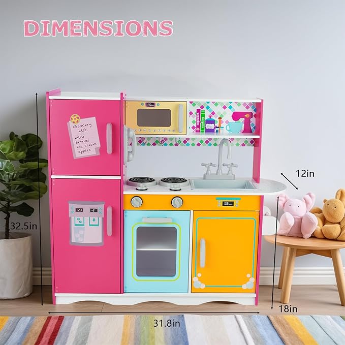 Kitchen Playset for Kids Ages 3-8, Wooden Pretend Play Kitchen for Toddlers, Including Telephone, Ice Maker, Refrigerator, Dimensions: 35” H x 31” W x 12” D (Multicolored)