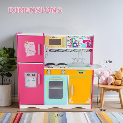 Kitchen Playset for Kids Ages 3-8, Wooden Pretend Play Kitchen, Including Telephone, Ice Maker, Refrigerator, Dimensions: 35” H x 31” W x 12” D (Colorful)