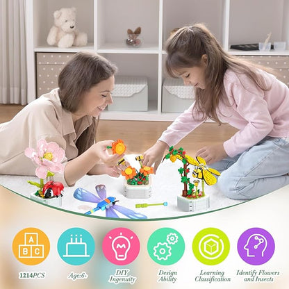 Flowers and Plant Building Set with Insects, (1214PCS) 6 Flowers Botanical Bonsai Building Set for Adults, Kids, Idea Gifts for Mother's Day, Birthdays, Creative Building Block Toys Decor for Home