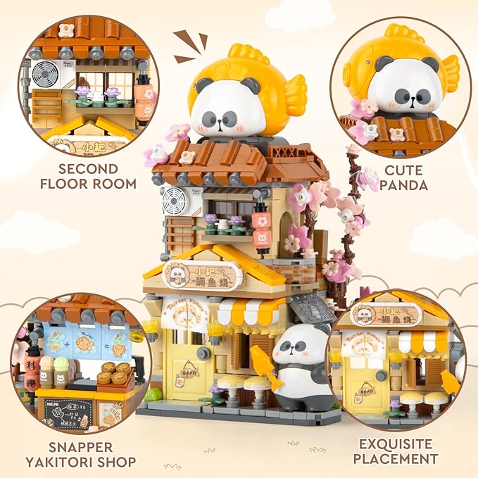 Finger Rock Street View Mini City Taiyaki Shop Building Set, Cute Panda Animals Building Toys Creative Architecture Set, Ideas Gifts for Adults Kids 8+ (858PCS)
