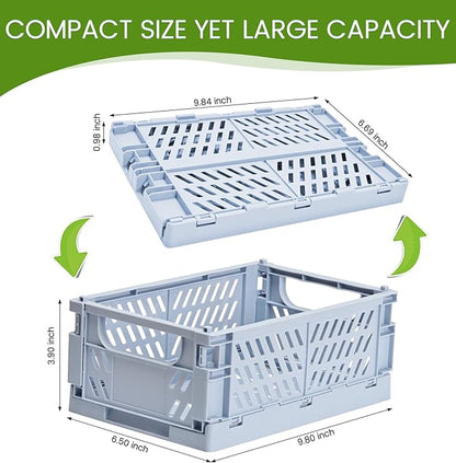 HUUSMOT 4-Pack Small Pastel Plastic Storage Baskets, Collapsible Crates for Organizing, Space-Saving Mini Bins for Classroom, Kitchen, Office, Bedroom (Blue, 9.8" x 6.5" x 3.8")
