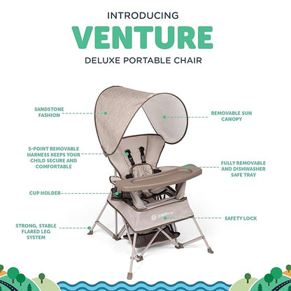 Baby Delight Go with Me Venture Portable Chair | Indoor and Outdoor | Sun Canopy | 3 Child Growth Stages | Sandstone